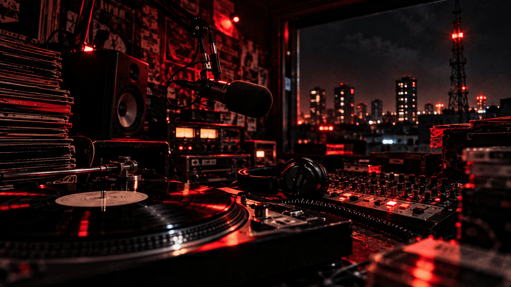Pirate radio studio with a turntable, microphone and city lights