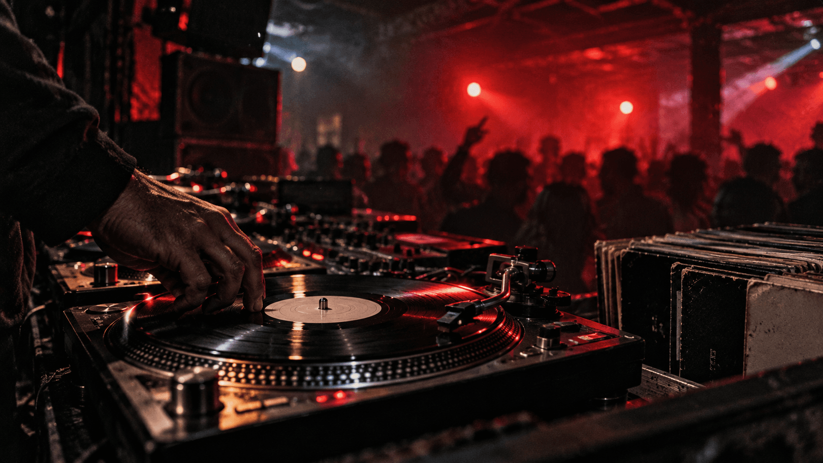 Turntable and recording equipment in a red-lit underground studio