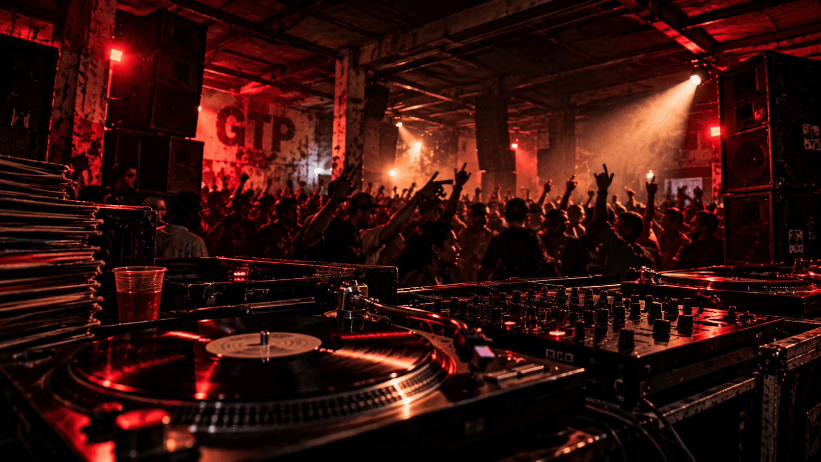 DJ decks overlooking an underground club crowd