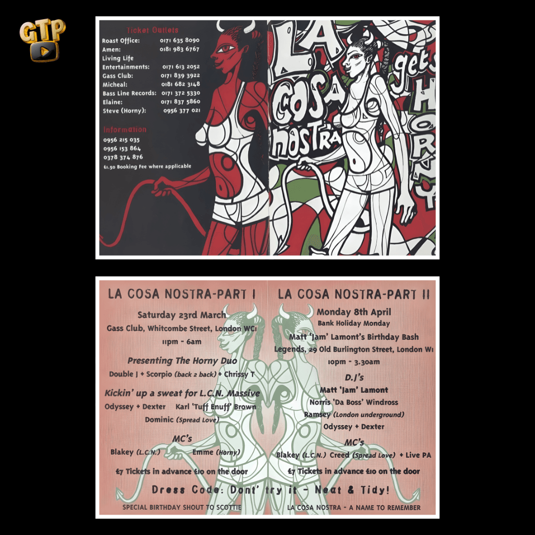 LA COSA NOSTRA - Gets Horny (Part I & II) - Gass Club / Legends - Saturday 23rd March & Monday 8th April 1996 - UK Garage event flyer featuring Double J, Scorpio, Chrissy T