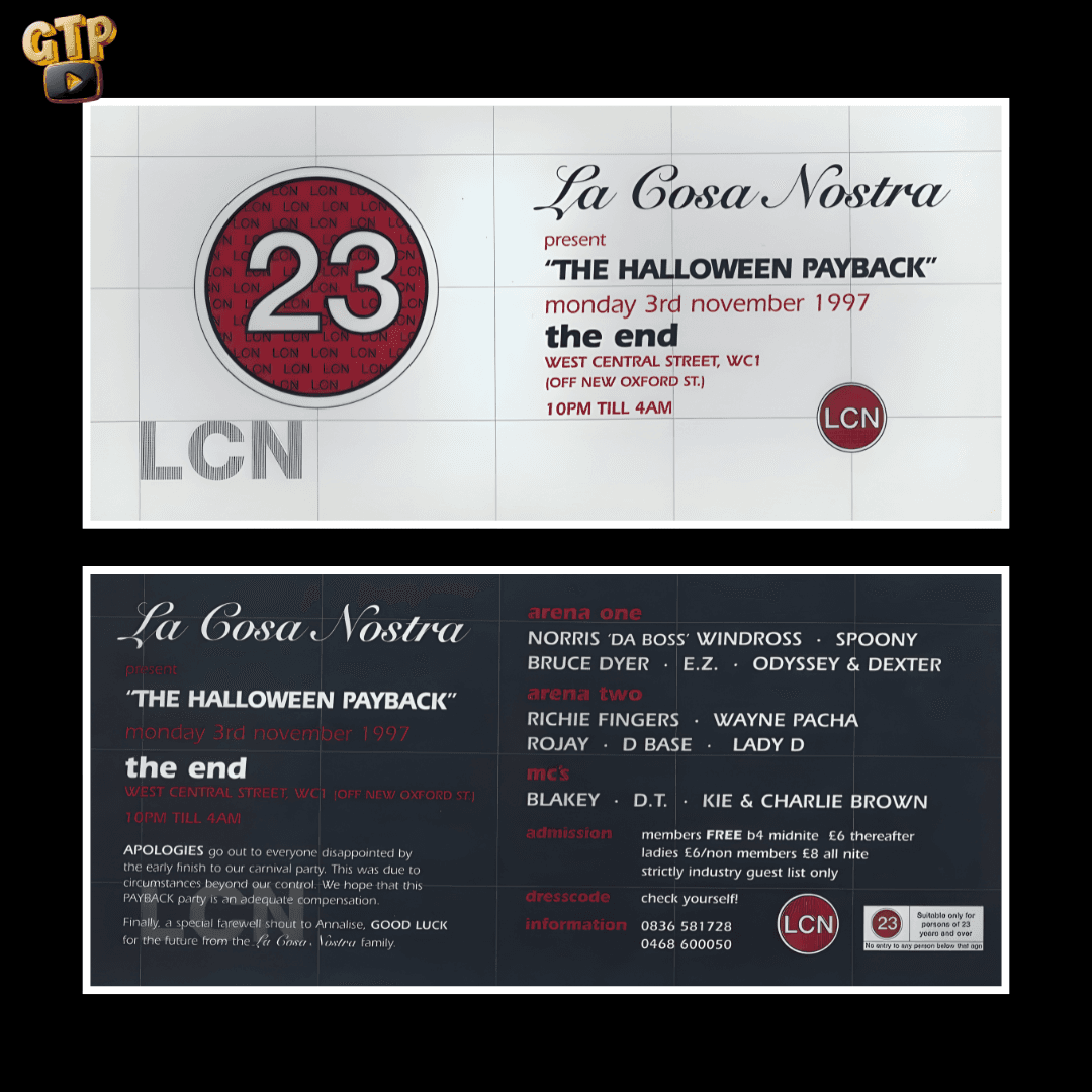 LA COSA NOSTRA - The Halloween Payback - The End - Monday 3rd November 1997 - UK Garage event flyer featuring Norris 'Da Boss' Windross, Spoony, Bruce Dyer