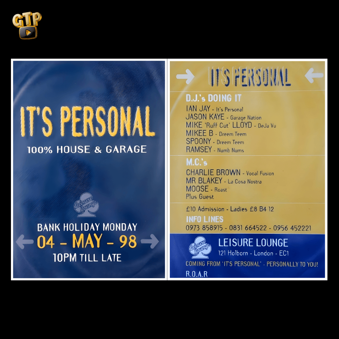 IT'S PERSONAL - 100% House & Garage - Leisure Lounge - Bank Holiday Monday 04 May 1998 - UK Garage event flyer featuring Ian Jay, Jason Kaye, Mike Ruff Cut Lloyd