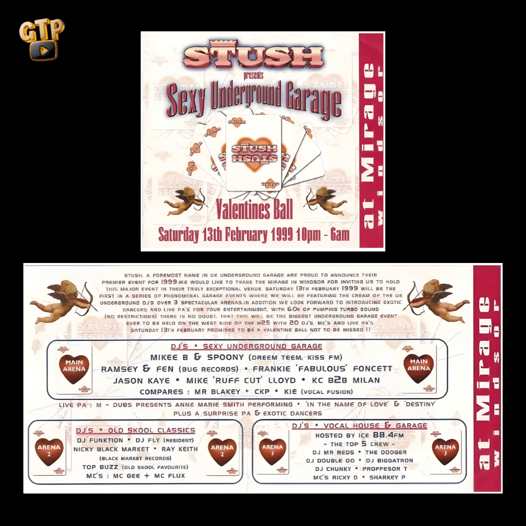 STUSH - Sexy Underground Garage Valentines Ball - Mirage (The Bar) - Saturday 13th February 1999 - UK Garage event flyer featuring Mikee B, Spoony, Ramsey